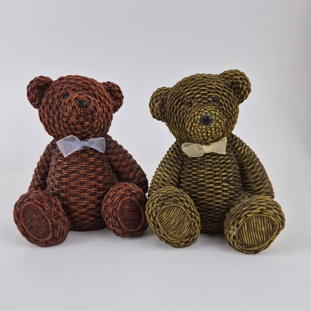 Vintage Faux Wicker Resin Teddy Bear Figurine Set Brown Green Country Decor 2pc